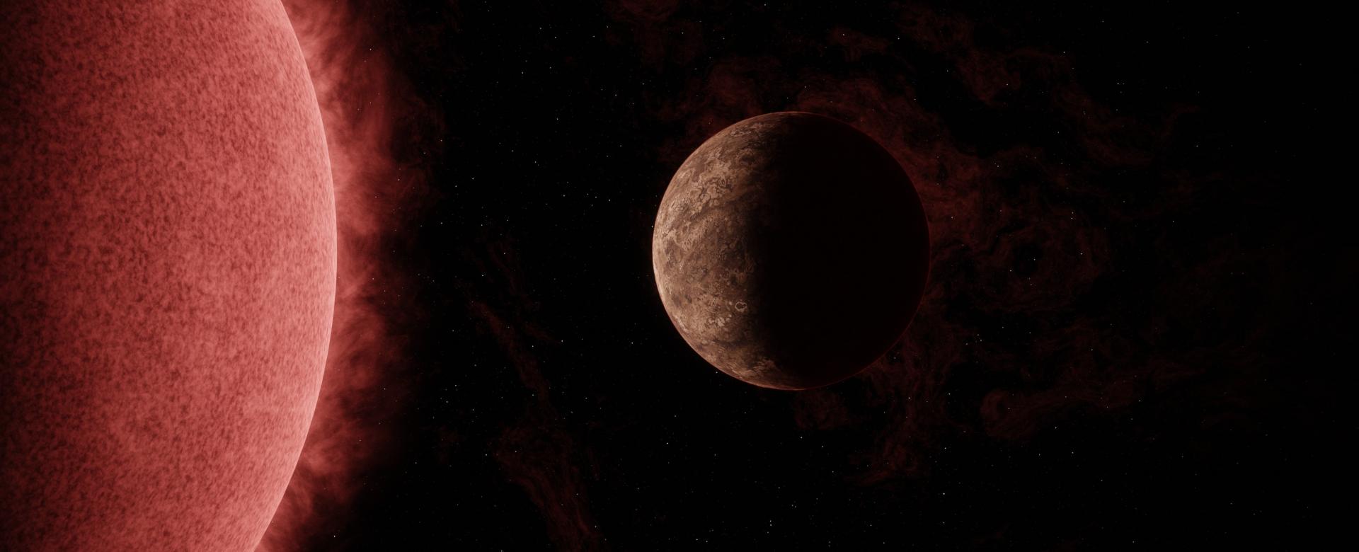 An artist’s concept of the exoplanet SPECULOOS-3 b orbiting its red dwarf star. The planet is as big around as Earth, while its star is slightly bigger than Jupiter – but much more massive. Credit: NASA/JPL-Caltech