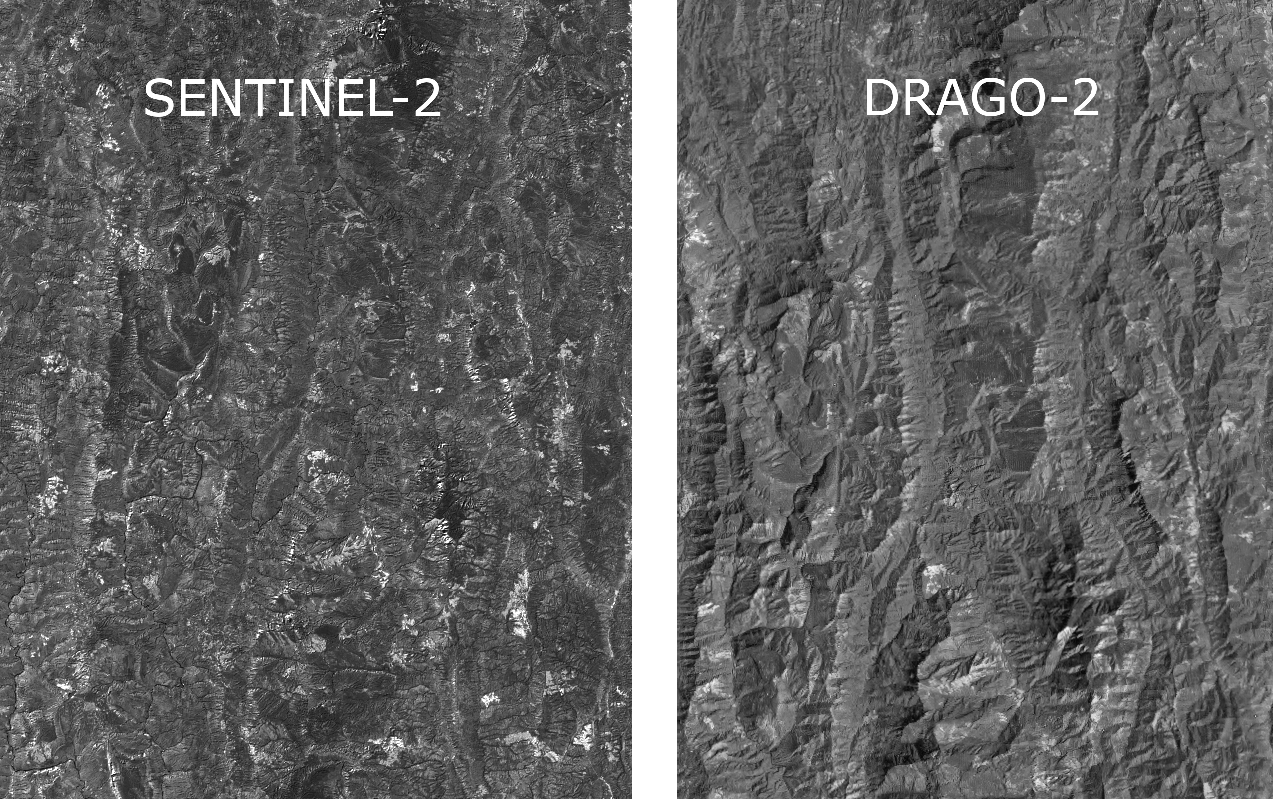Comparación entre las imágenes de Sentinel-2 y DRAGO-2 para el estado de Mizorán, en la India. Crédito: IACTEC.