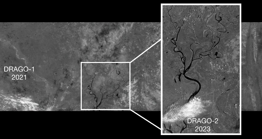 Ejemplo de imágenes tomadas por las cámaras DRAGO desde el espacio. Comparación entre las imágenes de zonas fluviales en Bangladesh tomadas por DRAGO-1 y DRAGO-2.