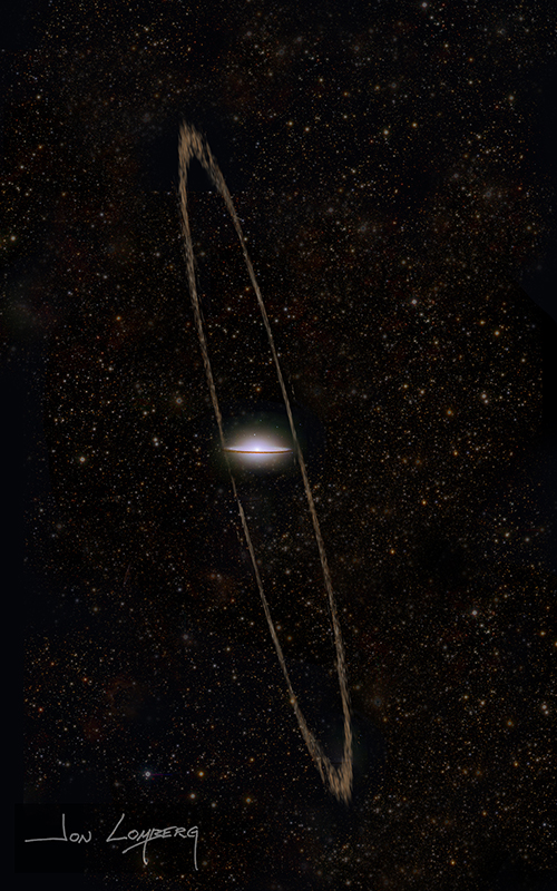 Artist's conception of the tidal stream of the Sombrero galaxy (M104). Credit: Jon Lomberg for the Stellar Tidal Stream Survey.