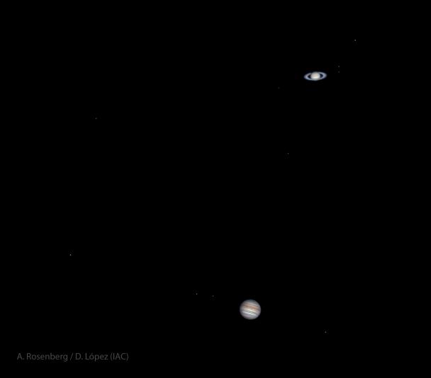 Imagen de la conjunción entre Júpiter y Saturno obtenida el 21 de diciembre tras la puesta de Sol desde el Observatorio del Teide del Instituto de Astrofísica de Canarias (IAC). Crédito: Daniel López y Alfred Rosenberg/IAC. 