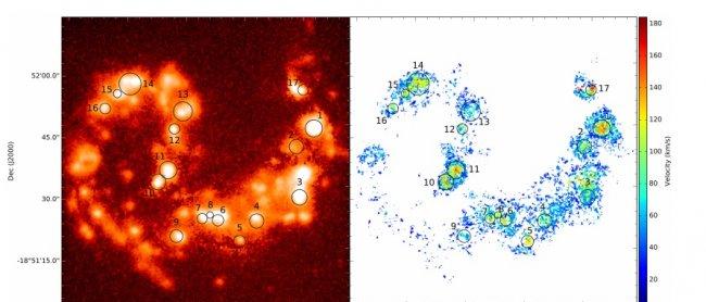Left panel: map of the surface brightness of "the Antennae" in emission from ionized hydrogen. The brightest zones are the zones occupied by clusters of massive stars. Right panel: map of the expansion velocity of the bubbles detected in the Antennae, pus