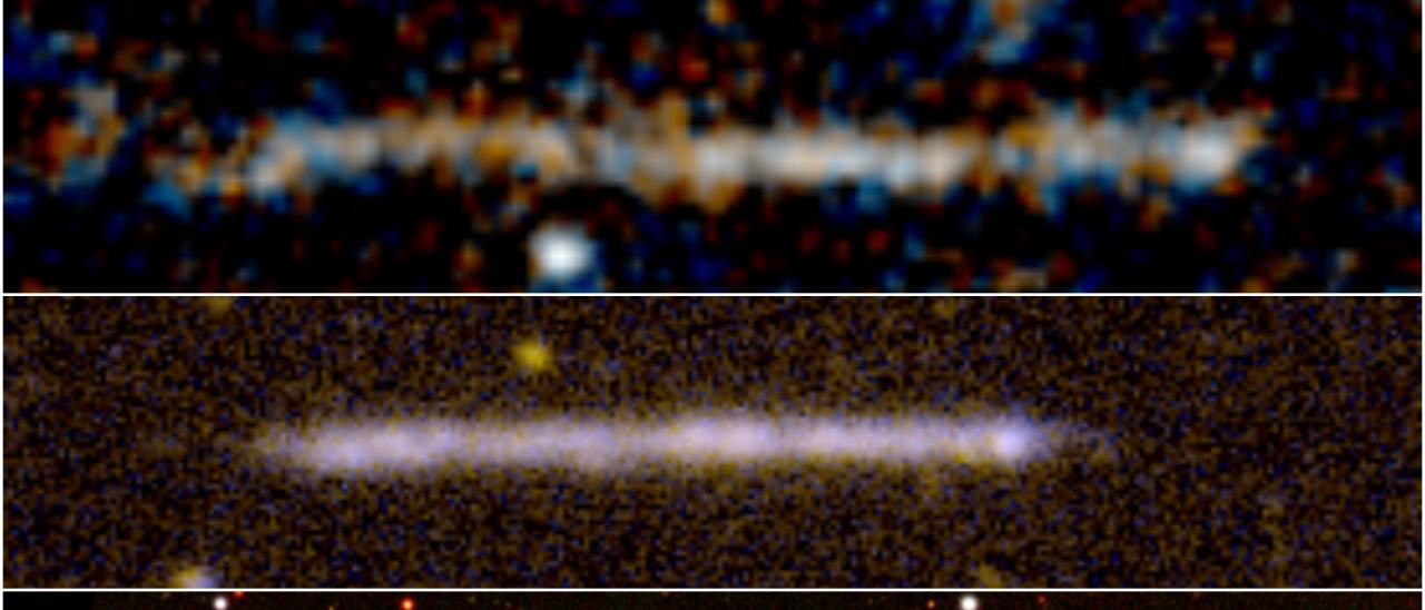 Comparison between a trail of stars and an edge-on galaxy IC5249