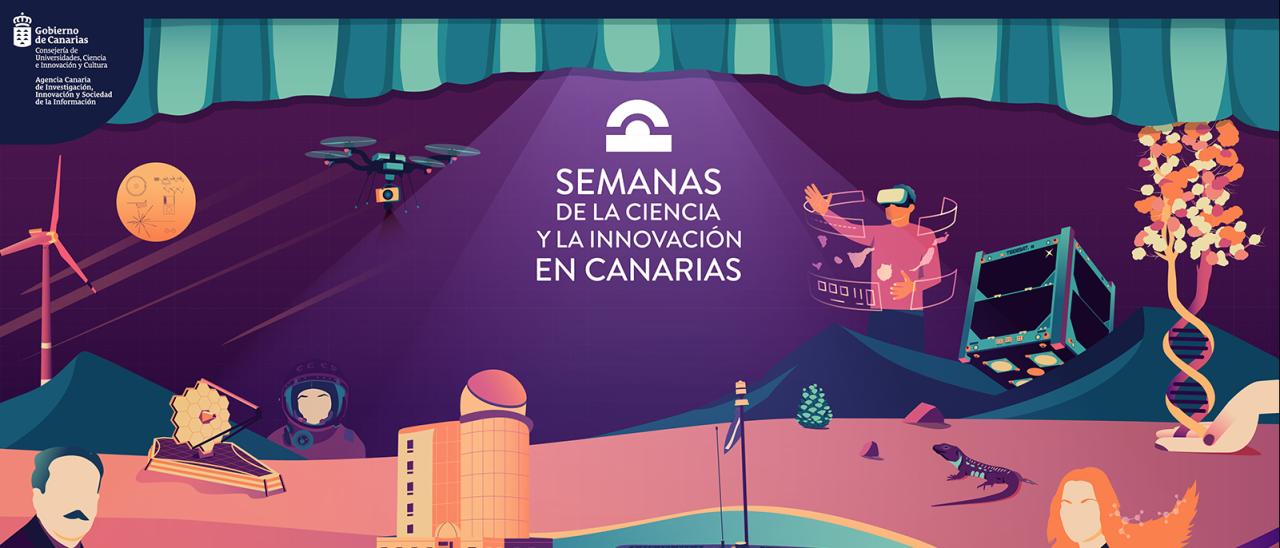 Cartel que muestra diferentes objetos de tecnología moderna, como satélites y drones sobre un paisaje volcánico