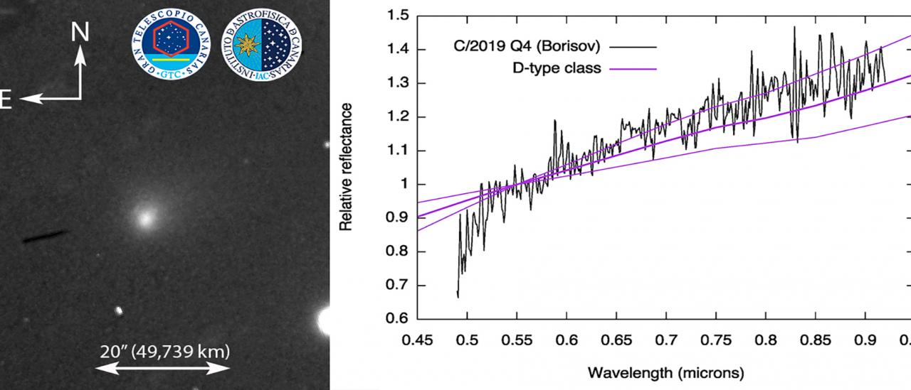  Imagen (izquierda) y espectro de reflexión (derecha) del Cometa interestelar C/2019 Q4 (Borisov) utilizando el Gran Telescopio Canarias (GTC) de 10.4 m, ubicado en el observtorio de El Roque Observatorio de Los Muchachos (La Palma, Islas Canarias, España). Este observatorio, junto con el Observatorio del Teide, en la isla de Tenerife, está gestionado por el Instituto de Astrofísica de Canarias (IAC)