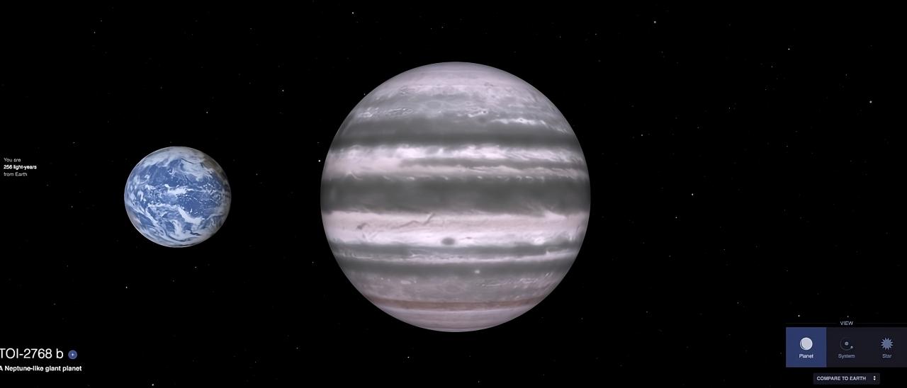 Recreación artística del candidato a exoplaneta de TESS: TOI-2768 b, validado en este trabajo. Comparativa con la Tierra. Créditos: NASA (https://science.nasa.gov/exoplanet-catalog/toi-2768-b/)