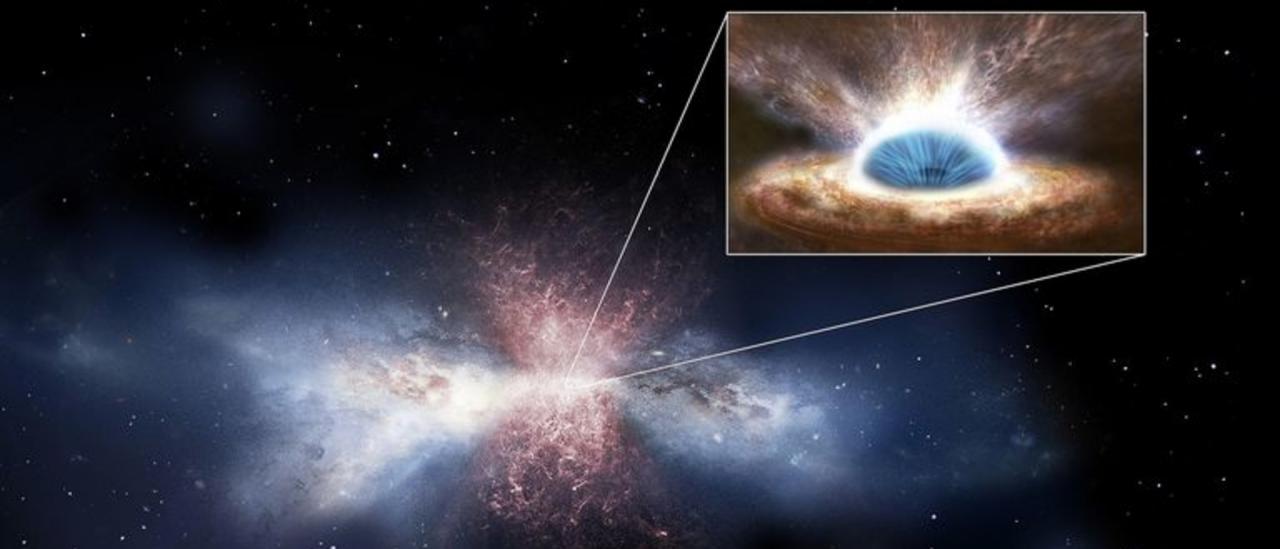 Simulación artística. Los vientos del agujero negro barren el gas de las galaxias. 