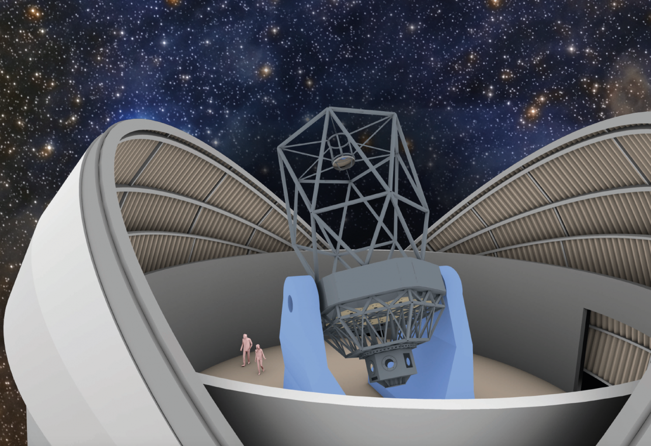 Modelo del Nuevo Telescopio Robótico con el fondo de un remanente de supernova