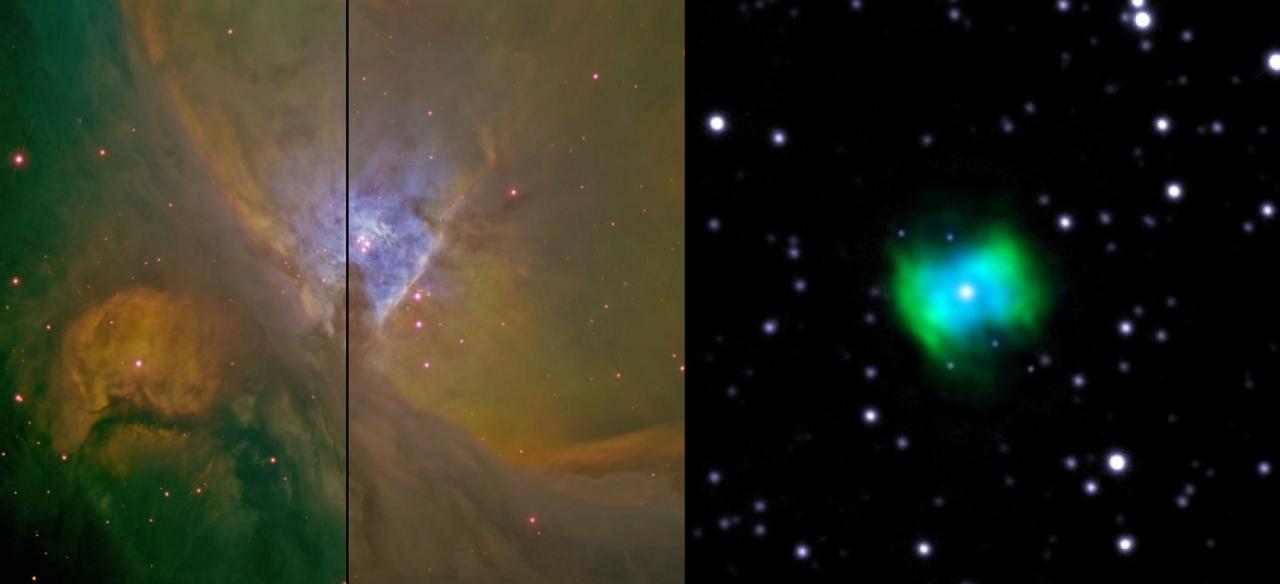 Izquierda - Imagen RGB de la nebulosa de Orión y M43 obtenida filtros estrechos con la cámara WFC en el INT: H alfa (rojo), [S II] 6716+30 (verde), [O III] 5007 (azul). Derecha - Imagen en falso color de la nebulosa planetaria NGC 6778. En azul se ve la emisión en la línea de O II tomada con el filtro sintonizable azul del instrumento OSIRIS en el GTC; en verde imagen con el filtro estrecho de [O III] del Nordic Optical Telescope (NOT). 