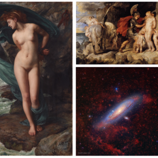 A la izquierda, Andrómeda (1869), de Edward Poynter. Arriba a la derecha, Perseo liberando a Andrómeda (1607), de Rubens. Abajo, a la derecha, la galaxia de Andrómeda, también conocida como M 31 o NGC 224. Crédito: Daniel López/IAC.