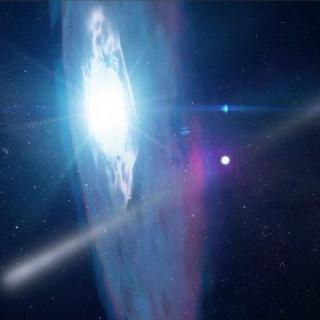 El púlsar PSR J2032+4127 en su momento de máximo acercamiento a la estrella MT91 213, una estrella azul con un disco de materia a su alrededor. 