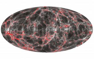 Sky projection of all galaxies observed in the 2MRS (Two Micron Redshift Survey) catalog (red symbols) at distances of 170 to 280 million light-years and the reconstructed underlying dark matter cosmic web (grey scale) using Big Data techniques.