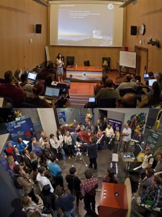 Los ponentes de las acciones formativas, Nayra Rodríguez Eugenio (arriba) y Alfred Rosenberg (abajo), durante charlas y talleres impartidos en cursos de formación de profesorado previos. Crédito: IAC.