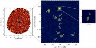 Imágenes del protocúmulo de galaxias llamado "núcleo rojo polvoriento”. Crédito: Oteo et al. 2018, APEX, ALMA, JVLA, ATCA, the Astrophysical Journal.