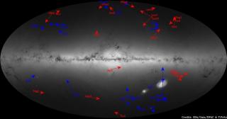 Motions of the 39 dwarf galaxies. In the background we show the image built from point sources in Gaia One can only see the brightest dwarf galaxies, and even theyy are barely visible. The galaxies are labeled with their names, and the arrows show the dir