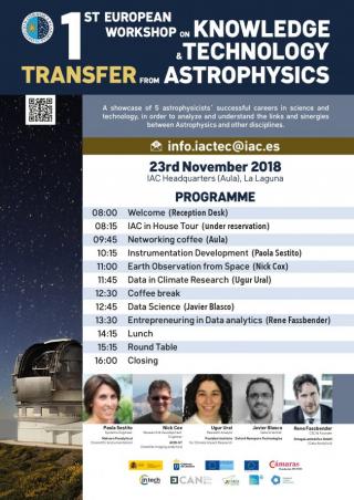 Cartel del "Primer taller europeo sobre transferencia de conocimientos y tecnologías generadas por la Astrofísica".