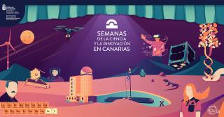 Cartel que muestra diferentes objetos de tecnología moderna, como satélites y drones sobre un paisaje volcánico