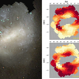 Izquierda: Imagen a color de la Gran Nube de Magallanes, obtenida directamente de los datos de SMASH. Derecha: Distribución espacial de la fracción de masa estelar de estrellas más jóvenes (arriba) y más viejas (abajo) de 2000 millones de años.