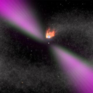 Una imagen ilustrada de un púlsar viuda negra y su compañera estelar. Créditos: NASA's Goddard Space Flight Center/Cruz deWilde Una imagen ilustrada de un púlsar viuda negra y su compañera estelar. Créditos: NASA's Goddard Space Flight Center/Cruz deWilde