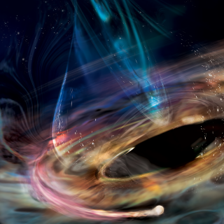 In this artist’s rendering, a stream of matter trails a white dwarf (sphere at lower right) orbiting within the innermost accretion disk surrounding 1ES 1927’s supermassive black hole. Credit: NASA/Aurore Simonnet, Sonoma State University 