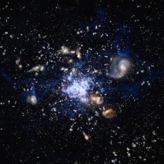 Recreación artística de un protocúmulo de galaxias en el Universo primitivo Recreación artística de un protocúmulo de galaxias en el Universo primitivo