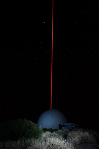 First light of the ESO Wendelstein Laser Guide Star unit at the Teide Observatory, Tenerife. Credits: Rosa Macías.