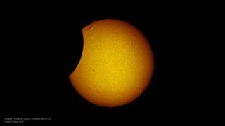 Halpha image of the partial solar eclipse of March 20, 2015. The image was obtained with one of the telescopes used in the IAC SolarLab project, from Granadilla (Tenerife). Credits: Daniel López / IAC.