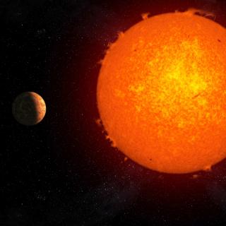 Representación artística del exoplaneta rocoso Próxima b orbitando su estrella, Próxima Centauri.