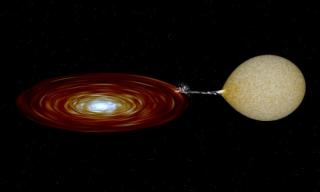 Representation of a system similar to XTE J1859+226. The star is distorted by the gravitational influence of the black hole. The material is pulled out from the star and it orbits around the black hole forming an accretion disc.Source/Jesús Corral Santana