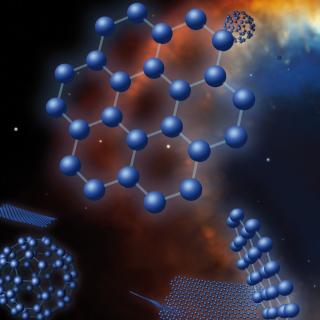 Artist impression of the fullerenes and small graphene fragments found in a planetary nebula. Credit: IAC Multimedia Service. Original image of the planetary nebula Dumbbell-M27 (Daniel López - IAC) Project Image